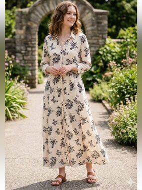 Ethereal Button-Front Maxi Shirt Dress Panelled Skirt Floral Print Medium